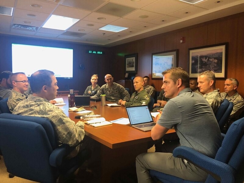 Col. Donn Yates, a few weeks into his command, and his team discuss innovation with Tommy Sowers on July 23, 2018. Photo courtesy of Tommy Sowers.
